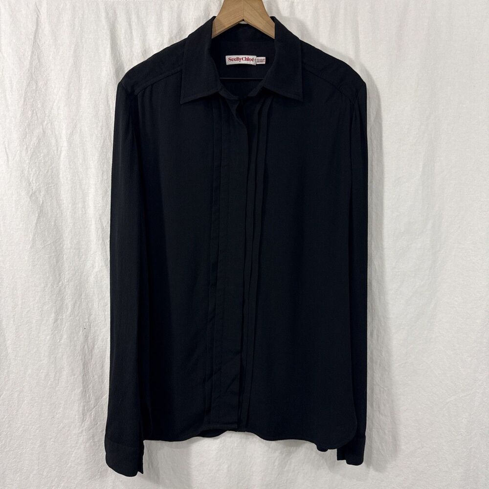 See By Chole Black Pleat Pintuck Front Button Up Long Sleeve Top Sz 10 Career